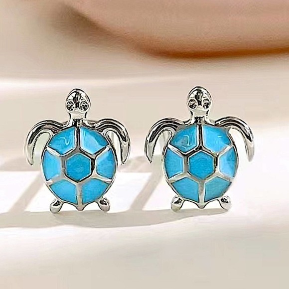 Sterling Silver Blue Turtle Stud Earrings - Picture 4 of 6